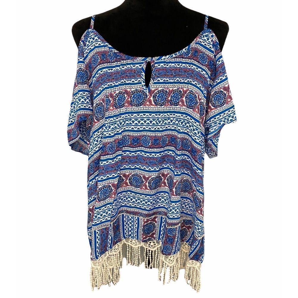 Kori America Women’s Blue Boho Cold Shoulder Top Size Medium
